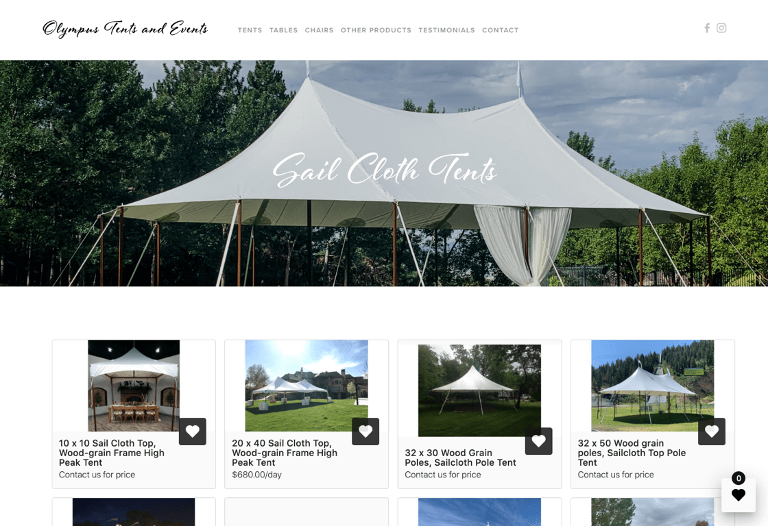 Screenshot of website wishlist of Olympus Tents and Events, a Goodshuffle Pro user