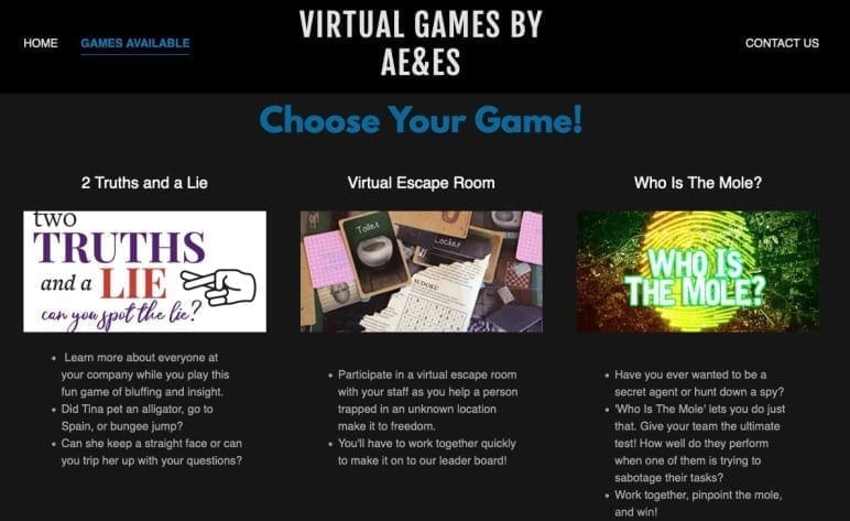 Screenshot of event company AE&ES webpage for virtual games for teams to play during COVID-19
