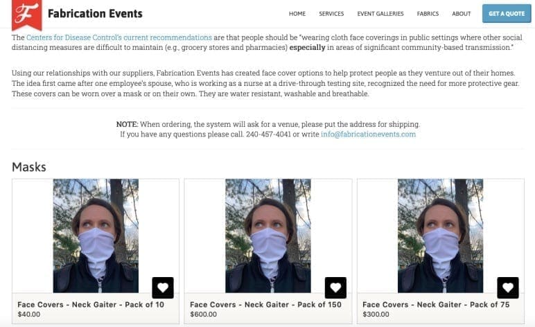 Screenshot of event company Fabrication Events webpage for selling masks for COVID-19