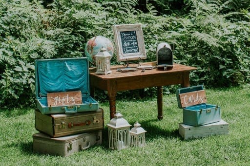 Outdoor furniture and signage at an event