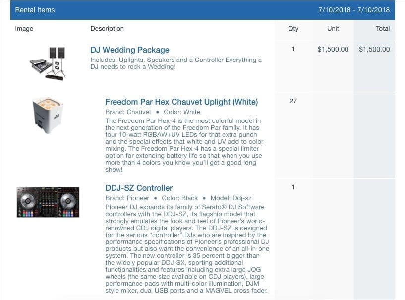 Inventory Packages for DJ companies. Rental Management Software.