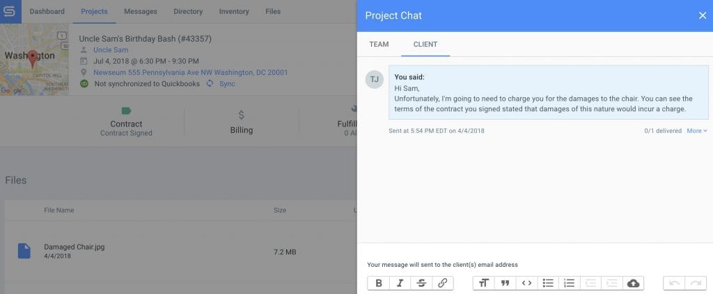Goodshuffle Pro for event rentals client messaging screenshot