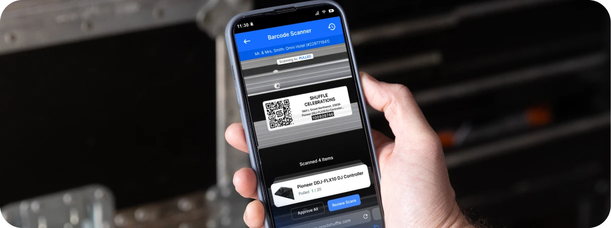 Event rental team efficiently managing inventory check-in process with Goodshuffle Pro's Barcoding feature.