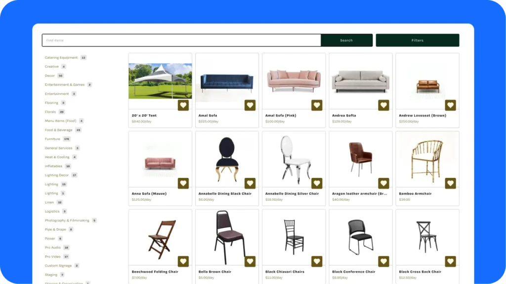  Un site web de location d'événements conçu de manière professionnelle par Twelve Legs Marketing, avec intégration de l'inventaire et pages de catégories marquées.