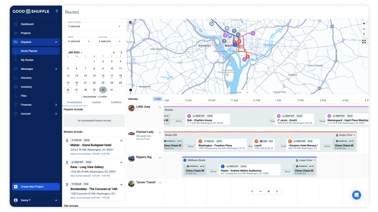 Event rental staff using Goodshuffle Pro to route multi-vehicle routes.