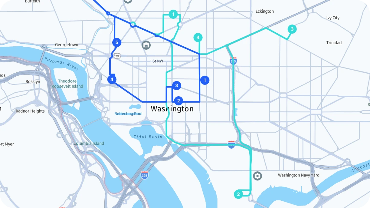 Digital map showing optimized delivery routes with multiple stops grouped by geographical zones.