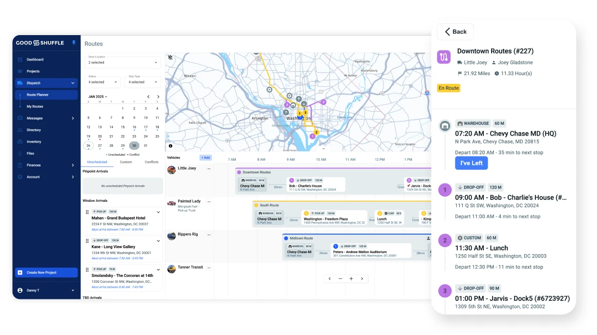 Goodshuffle Pro's Dispatch interface displaying an optimized delivery schedule with multiple routes.