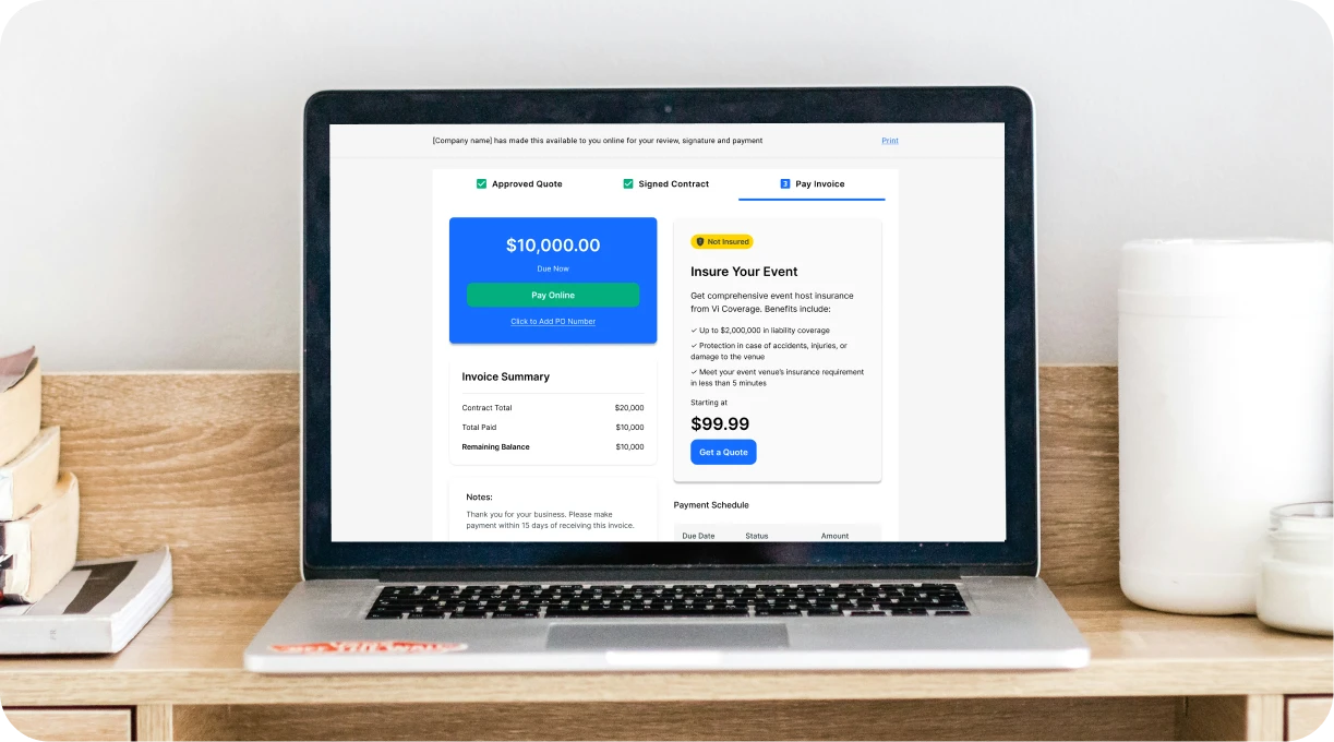 Screenshot showing Goodshuffle Pro's Event Insurance integration interface, demonstrating how clients can purchase insurance during checkout.