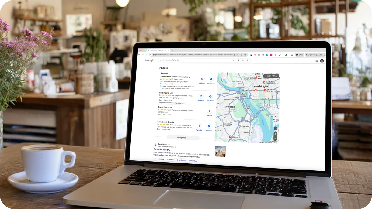 Google search results showing party rental businesses in local three-pack with map and business listings