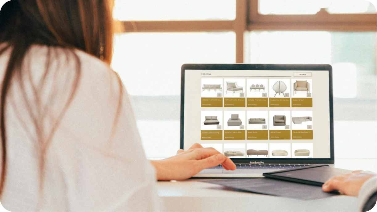Event client browsing rental inventory on website with wishlist feature visible 