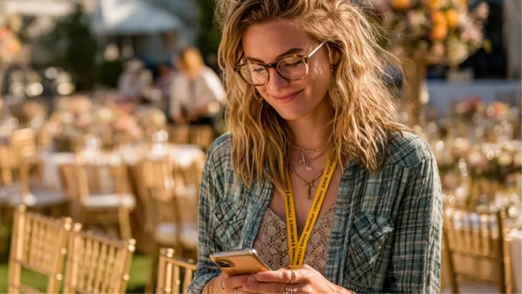 Event professional confidently setting up beautiful event while checking phone, representing business success without perfect website