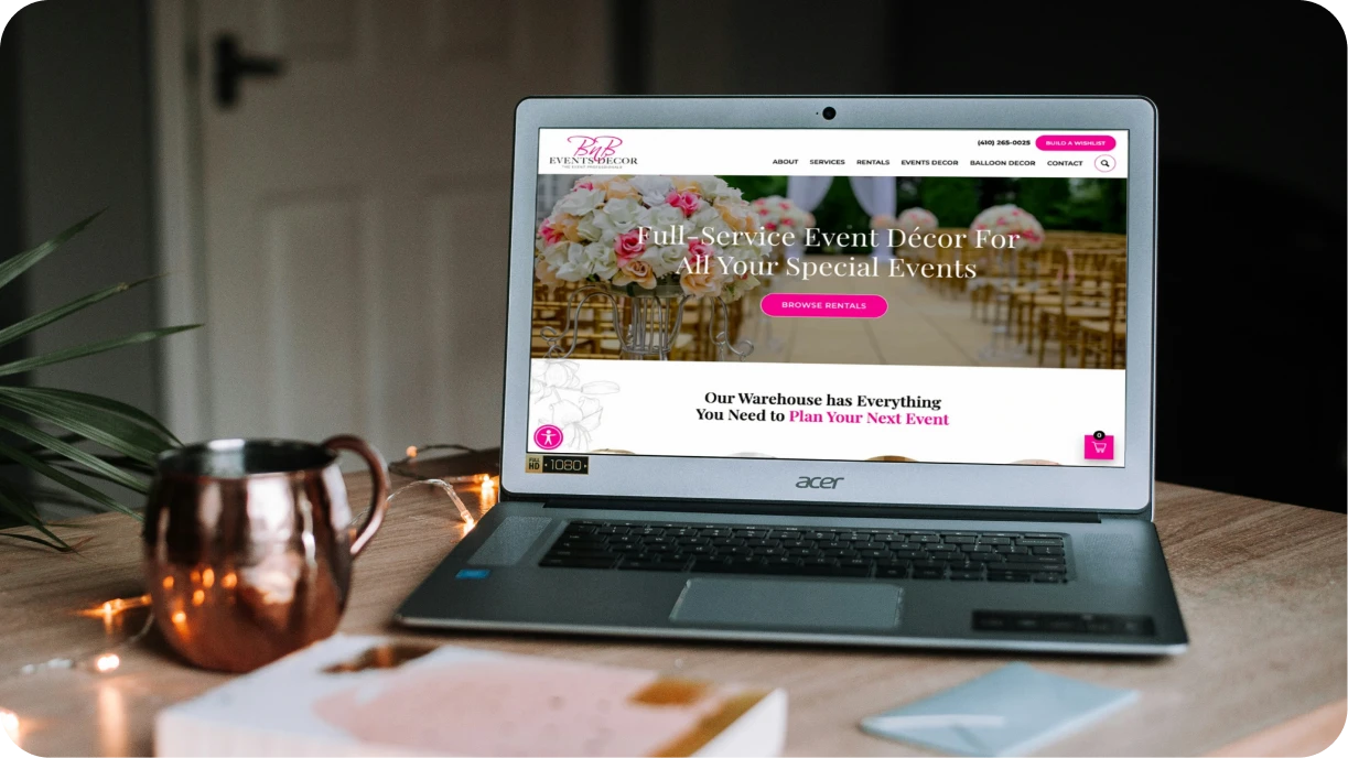 Simple, clean event rental website homepage on laptop screen 