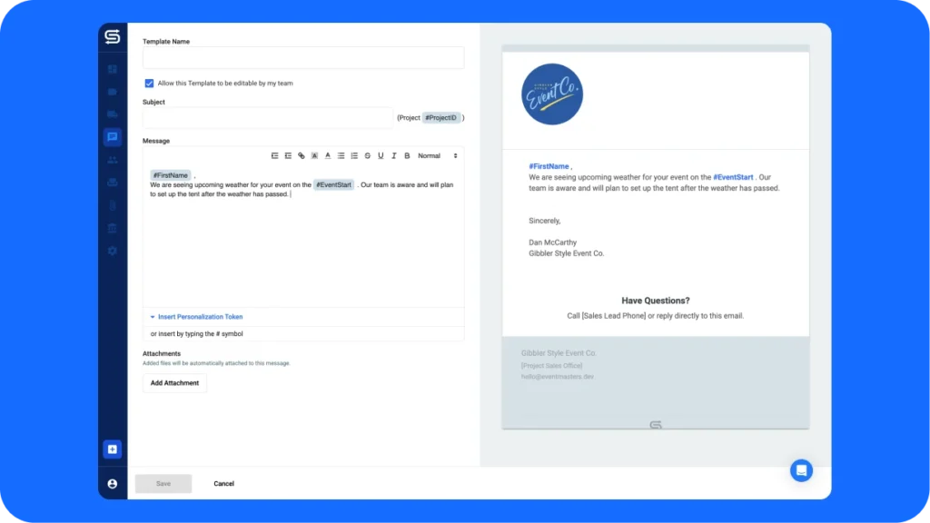 Event rental business owner sending weather delay communication to client via text message and email templates