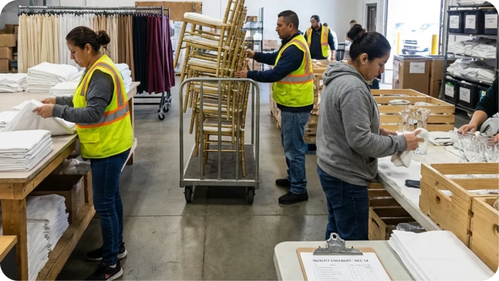Event rental warehouse staff preparing and quality-checking inventory items including linens, chairs, and tabletop pieces for upcoming events