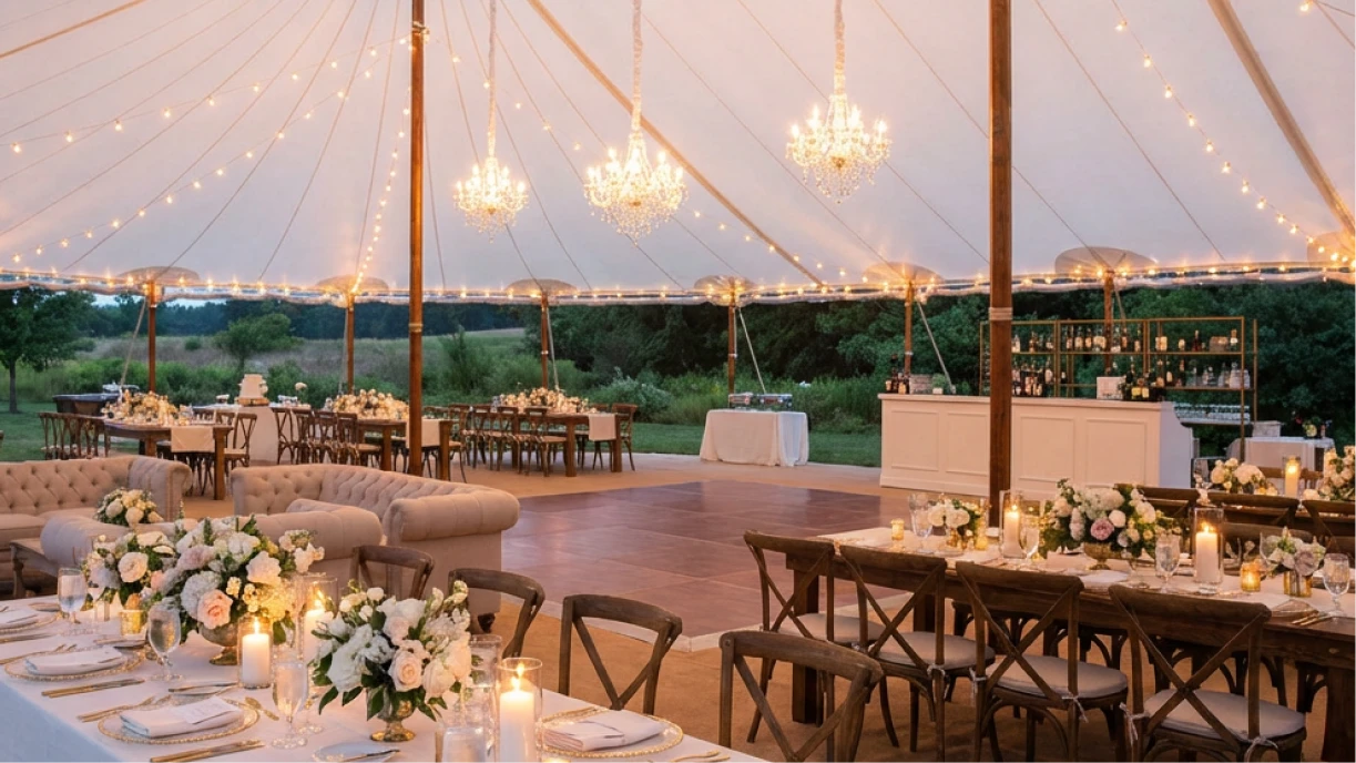 Full-service event rental setup showing white tent with elegant lighting, draped tables, and coordinated furniture for outdoor wedding reception