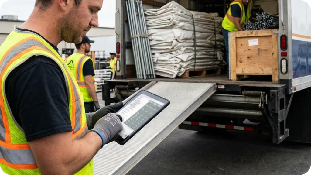 Tent rental crew member checking pull sheet and marking items as loaded on delivery truck before event installation