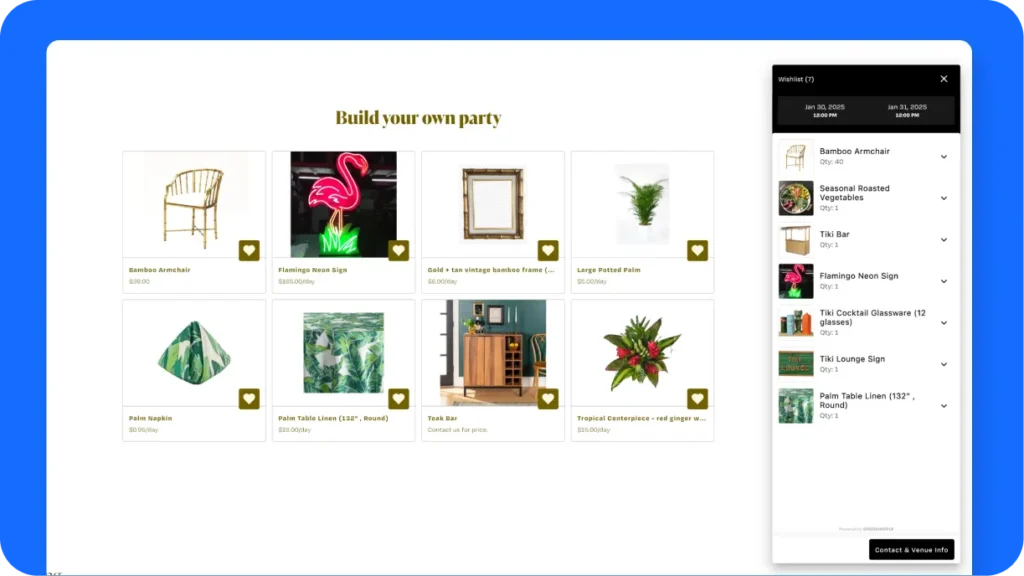 Clean, modern interface showing customer self-service rental booking with real-time inventory availability