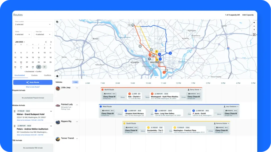 Delivery route optimization screen showing multiple stops and real-time scheduling for event rental deliveries