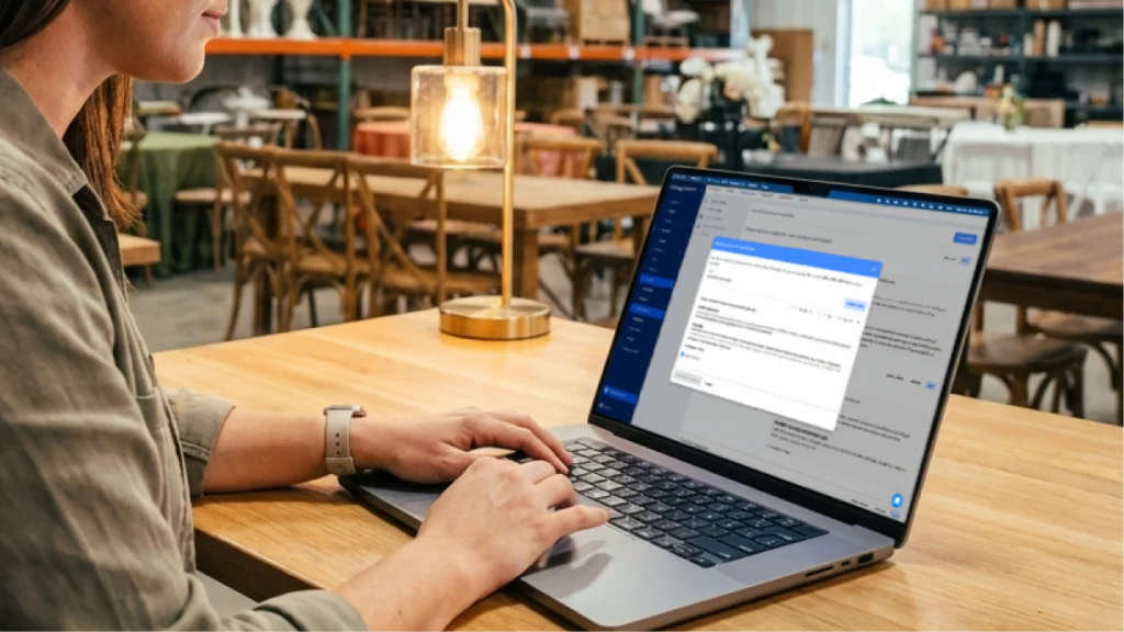 Event rental business owner setting up software dashboard for the first time