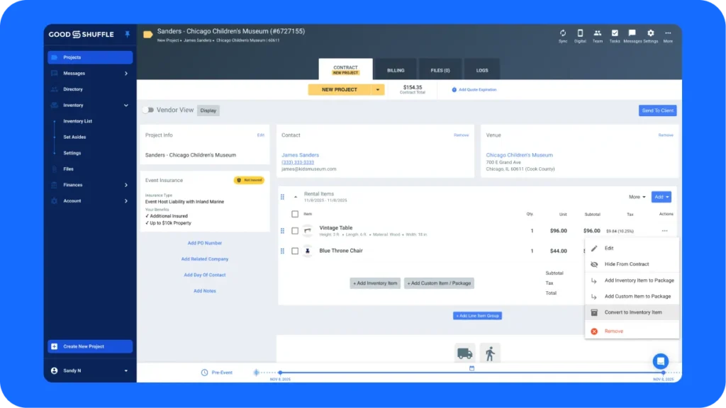Event rental quote being created in rental management software on computer screen