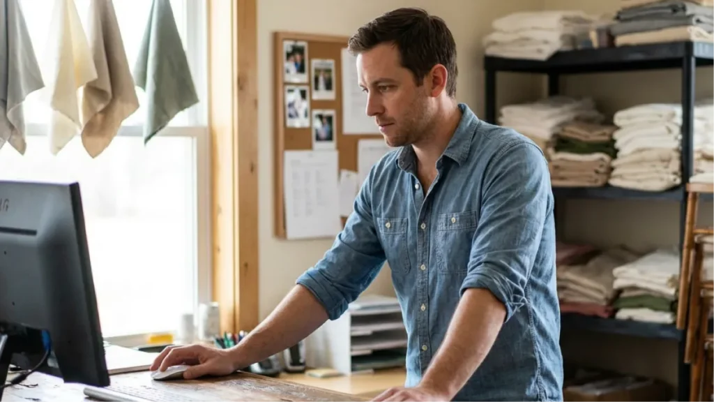 Event rental business owner reviewing automated email schedule with calendar showing client touchpoints