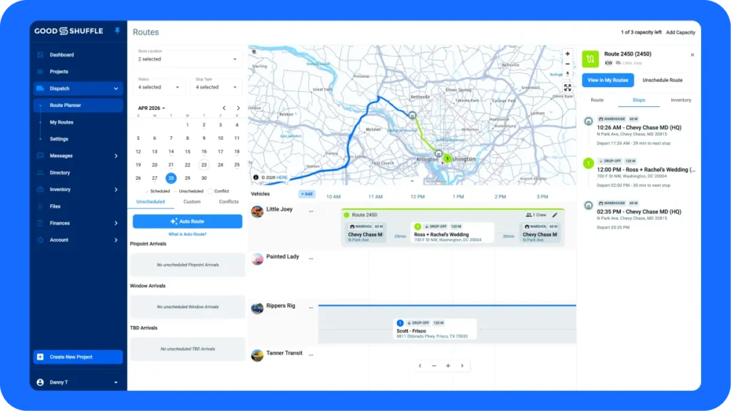Panel de despacho de Goodshuffle Pro que muestra rutas, asignaciones de personal y puntos de referencia para la entrega en eventos