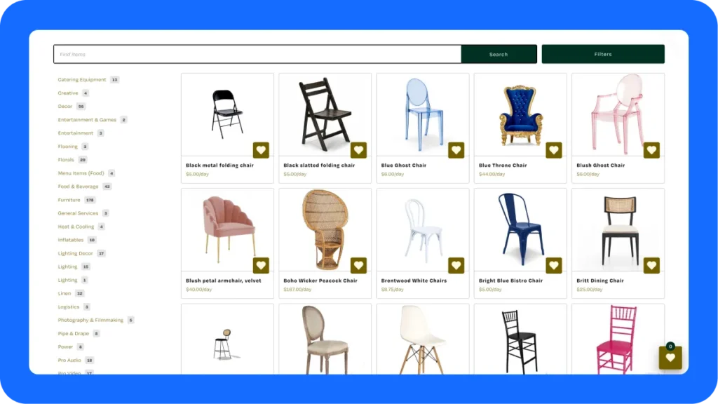 Flujo de trabajo de la lista de deseos y los presupuestos de Goodshuffle Pro, en el que se muestra a un cliente explorando el inventario y elaborando una solicitud