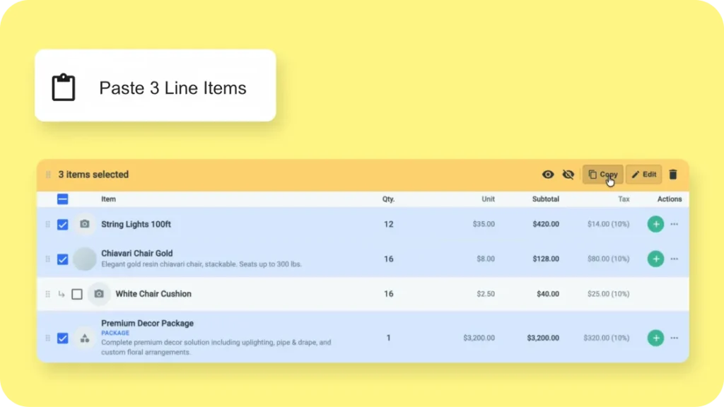 A Goodshuffle Pro user copying a line item between contracts and editing quantities directly from the line items view.