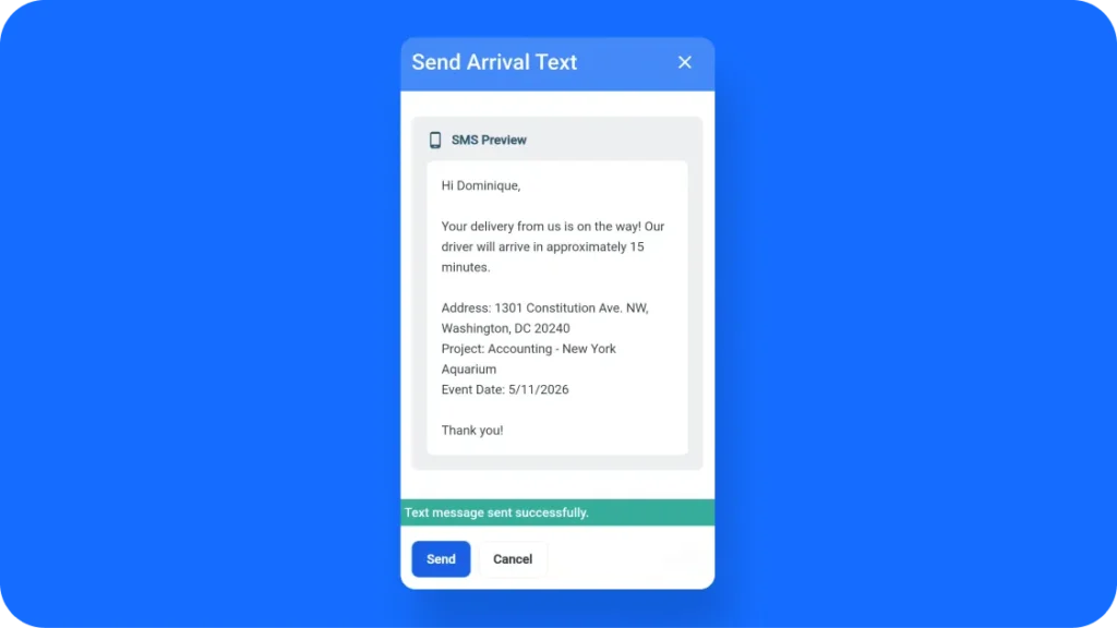 An SMS delivery confirmation sent automatically from Goodshuffle Pro's Dispatch module to a client's phone.