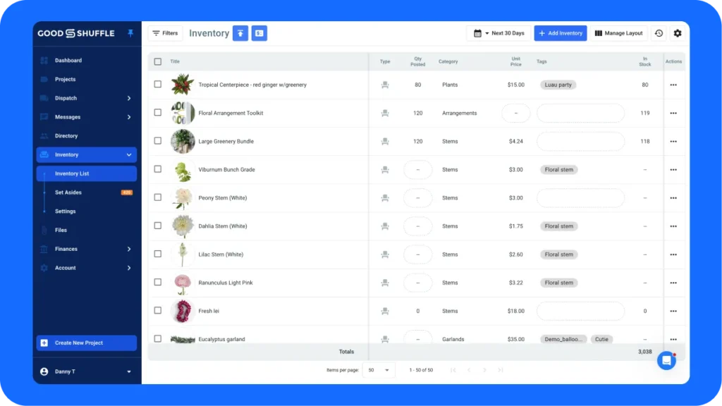 Event florist tracking floral and rental inventory in event software