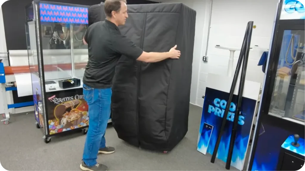 Arcade games stored at floor level on rolling carts for fast loading