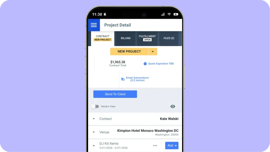 A branded DJ proposal open on a phone, ready for a client to sign and pay