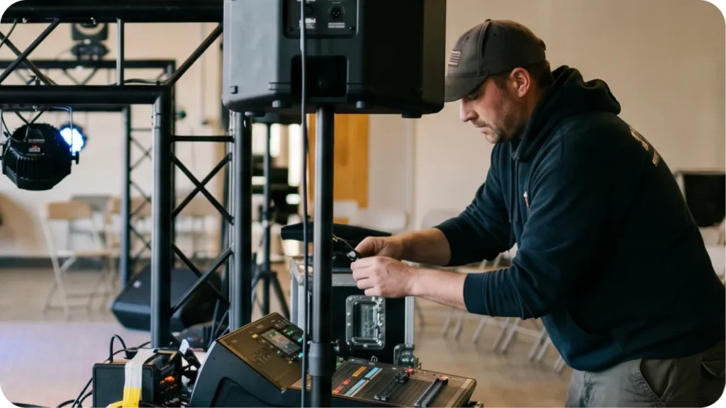 Montaje del equipo de audio e iluminación para un evento