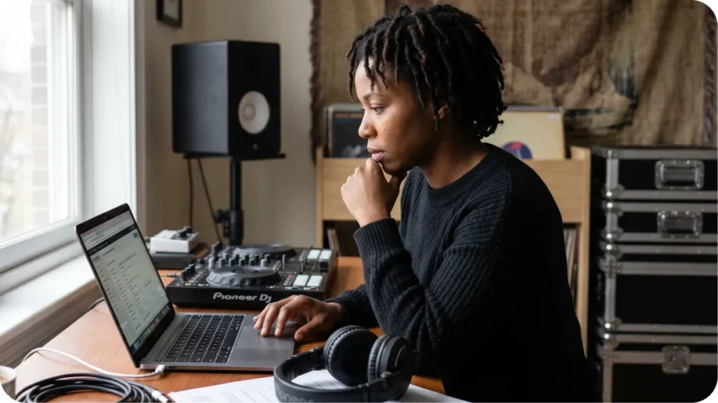 A DJ business owner reviewing the week's bookings and gear on a laptop in the office