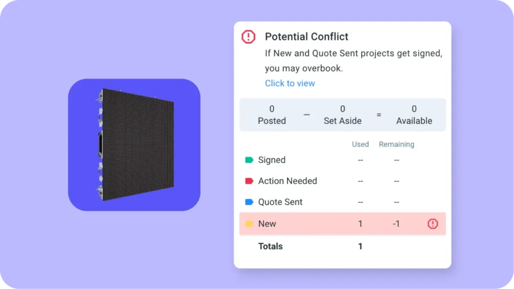A conflict alert flagging double-booked DJ gear while a quote is being built