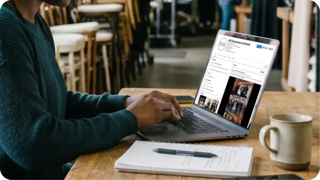 Un profesional de la organización de eventos revisando cuentas de redes sociales en una computadora portátil