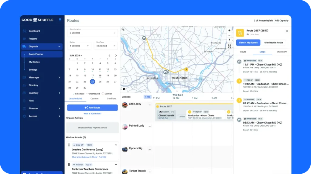 Delivery routes and crew assignments for an event rental operation