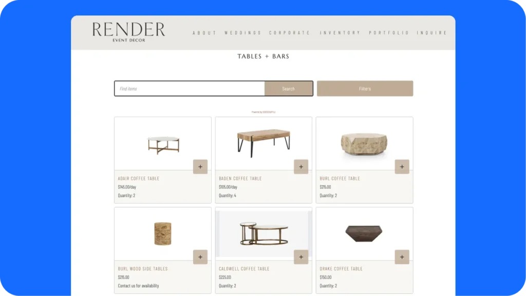 A single-item rental page showing a gallery of dance floors pulled in from inventory, with a request-a-quote button.