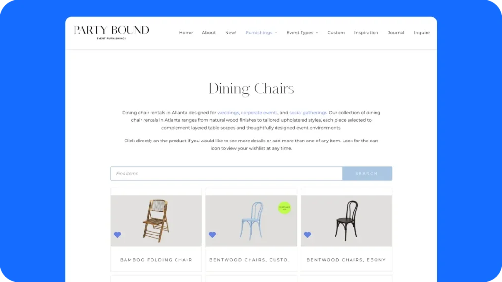 An event rental item page with pricing, an FAQ section, and photos from real events alongside the inventory listing.