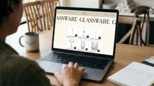 An event rental company’s website open on a laptop, showing inventory organized into clear category pages.