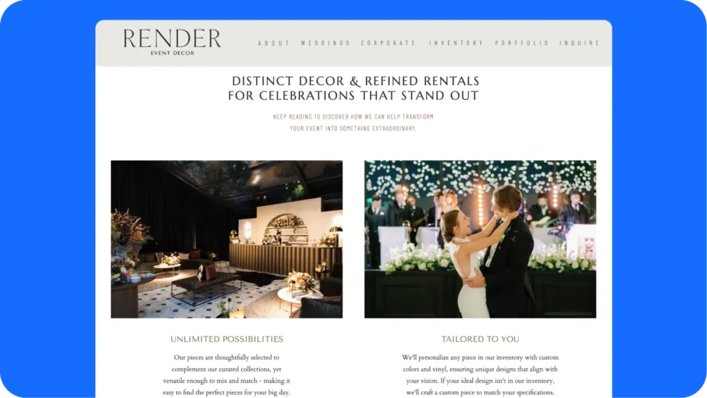 A “Weddings” event-type page on an event rental website featuring photos from real weddings and recommended packages.