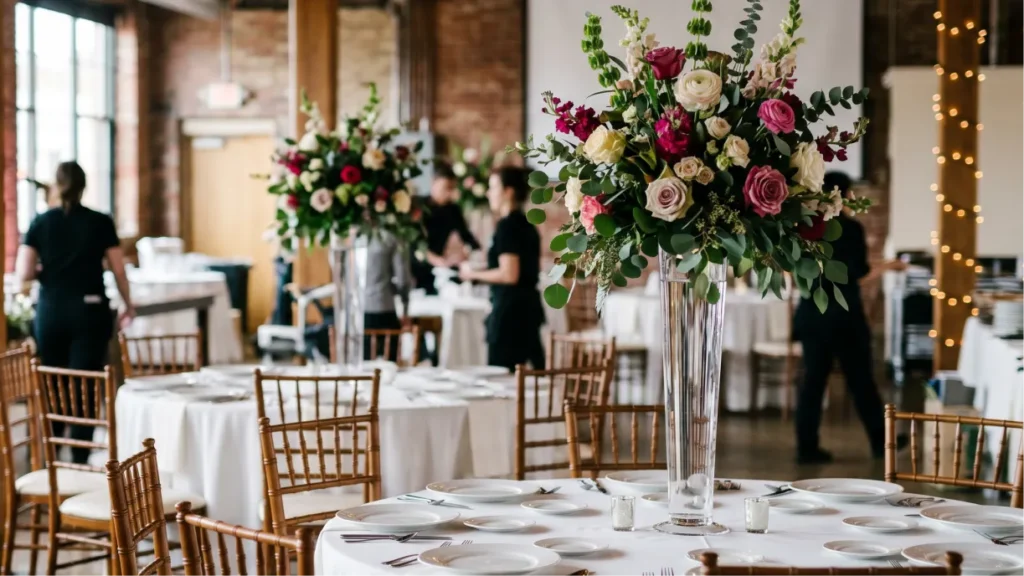 Wedding reception tables set with floral centerpieces in tall rented vessels
