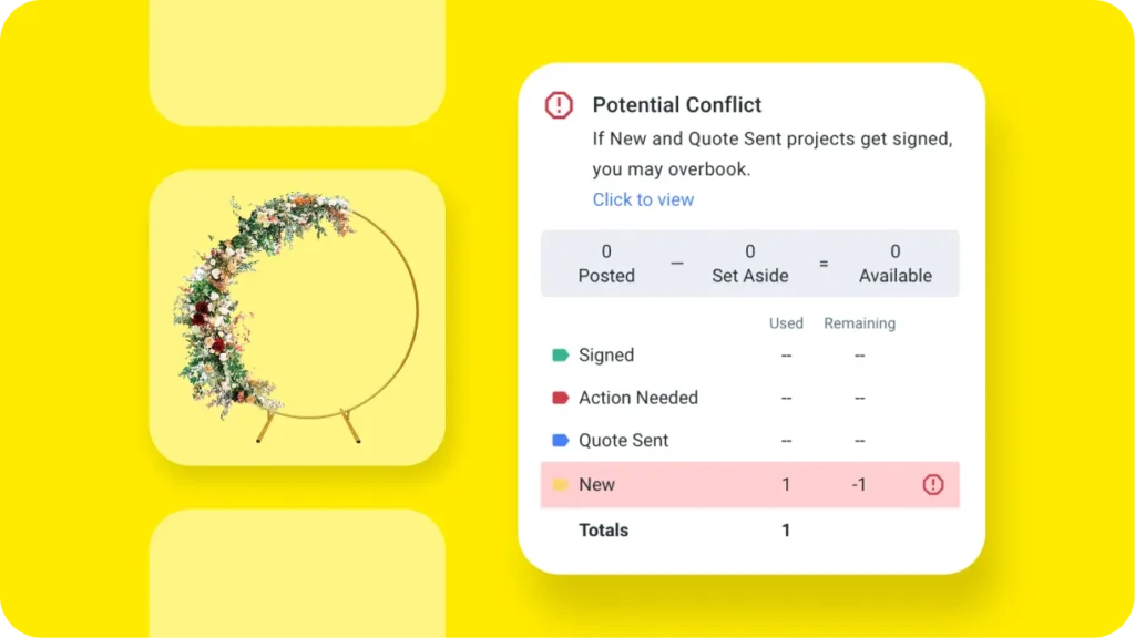 A conflict alert flagging a double-booked ceremony arch while a floral proposal is being built