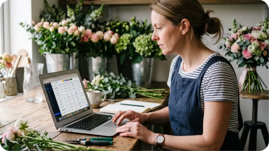 A floral business owner reviewing the week's weddings and inventory on a laptop in a studio
