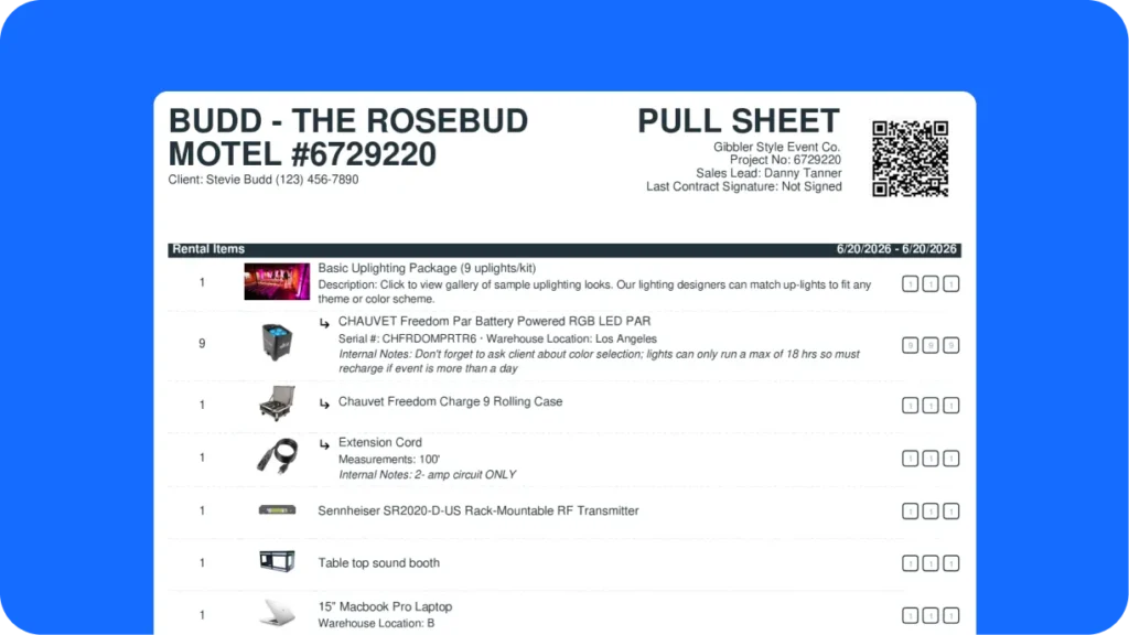 A printed pull sheet showing equipment photos and warehouse locations