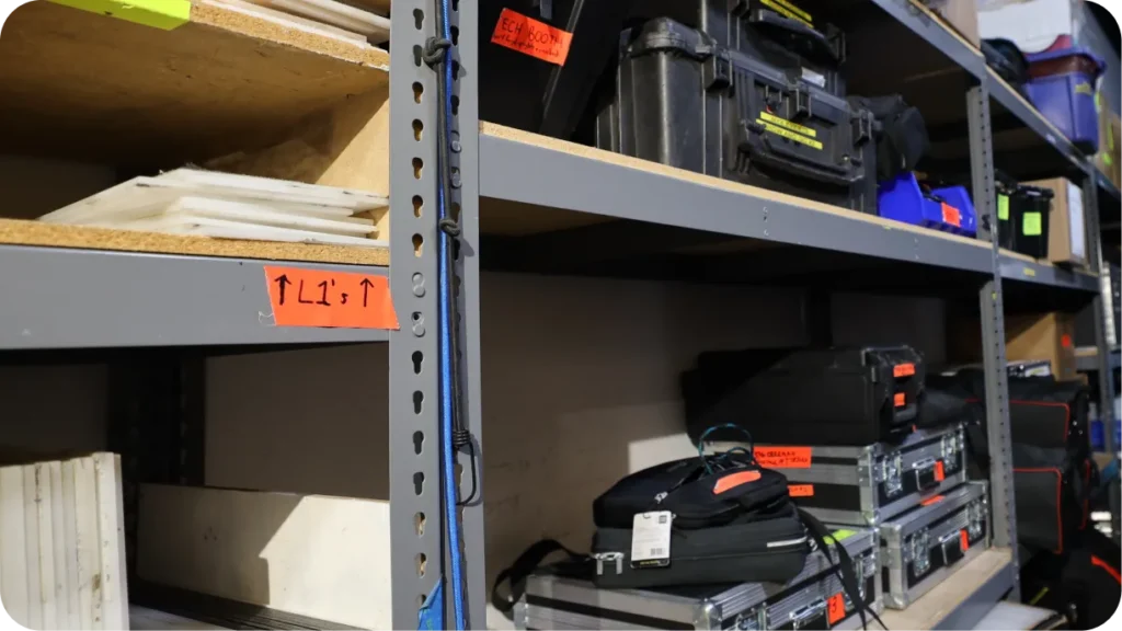 Labeled warehouse sections separating audio, video, and lighting equipment
