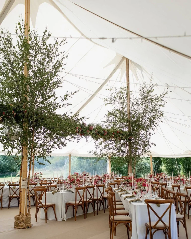 Un chapiteau de mariage en toile à voile, dont les poteaux centraux sont constitués de bouleaux vivants reliés par une guirlande suspendue de verdure et de fleurs roses, surmontant de longues tables de banquet ornées de bougies effilées et de chaises en bois à dossier croisé.