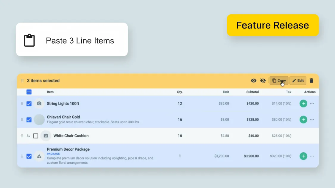 A Goodshuffle Pro event contract on screen with a group of line items being copied and pasted into another group