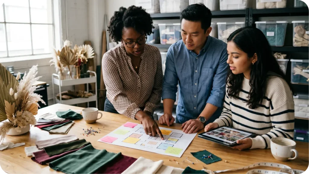 An event decor team reviewing setup plans together at a worktable