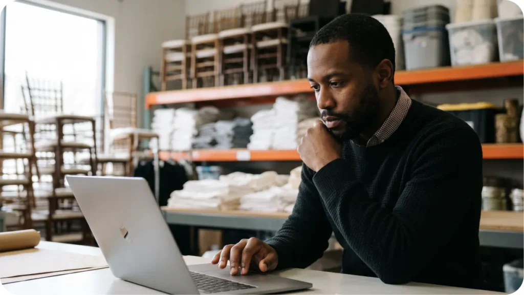 An event rental pro reviewing bookings and inventory on a laptop or tablet